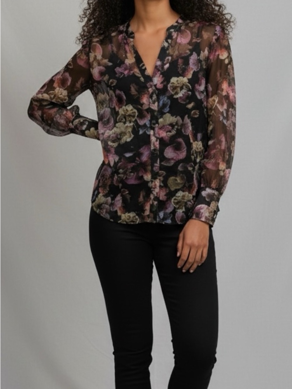 Equipment Black Sheer Floral Button-Front Blouse